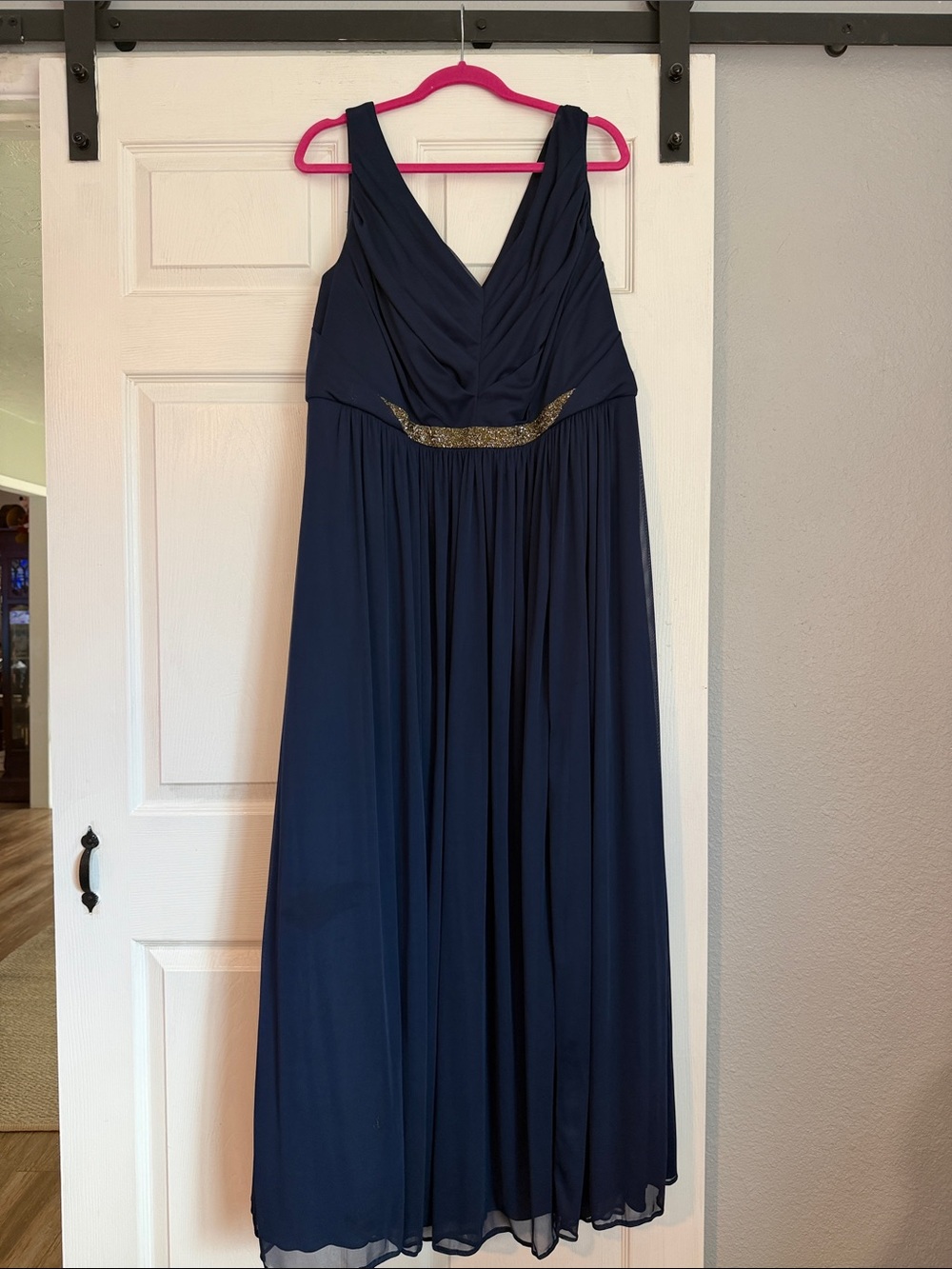 David's Bridal Navy Maxi Dress with Gold Waist Detail